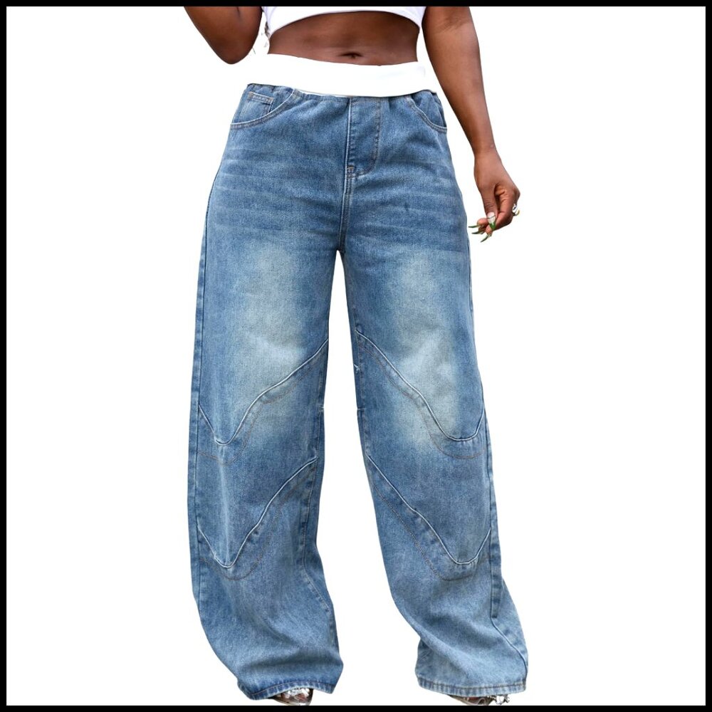 Wide Leg Denim Pants Stretchy Y2K Streetwear Baggy High Rise Color Block - Picture 1 of 7